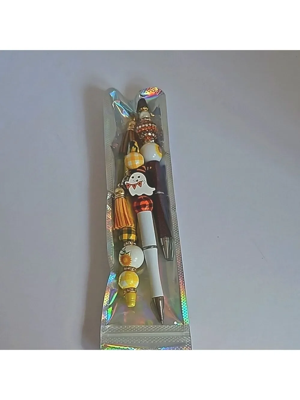 Hand Crafted 3 Set Pens Black Ink Beaded Sunflower Harvest Halloween Design